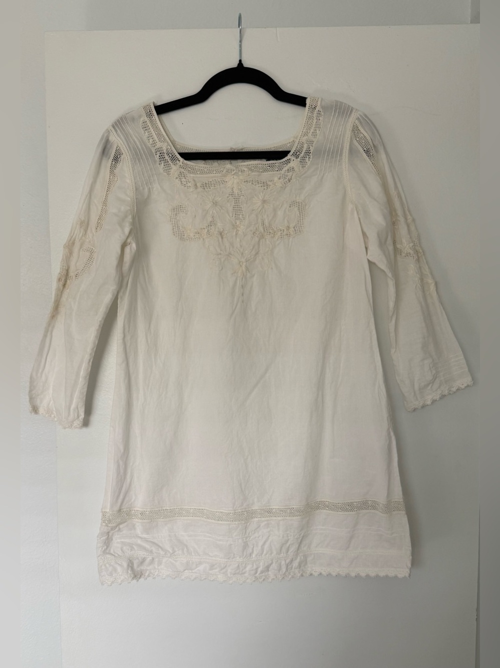 Peruvian Connection Off White Embroidered Cotton Dress/Tunic Size 8